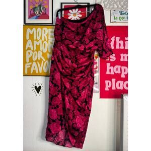 DO+BE One Shoulder Floral Dress – Size L – Ruched Midi – Elegant